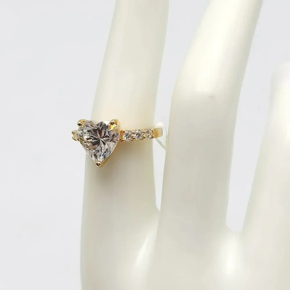 Clear Rhinestone Heart Shaped Gold Vermeil Over Sterling Silver Ring Size 7 - Picture 2 of 6